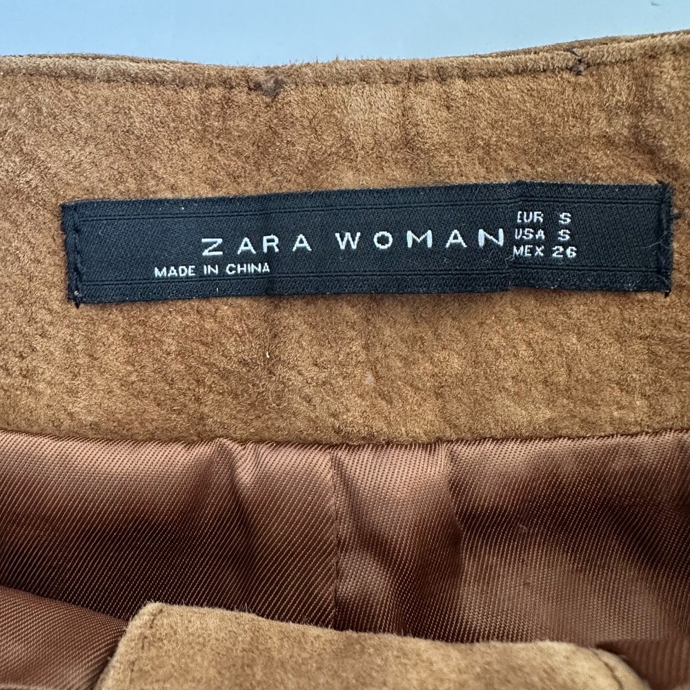 ZARA WOMAN Brown Suede Leather A Line Snap Front Belted Mini Skirt S 90s Biker - Picture 6 of 10